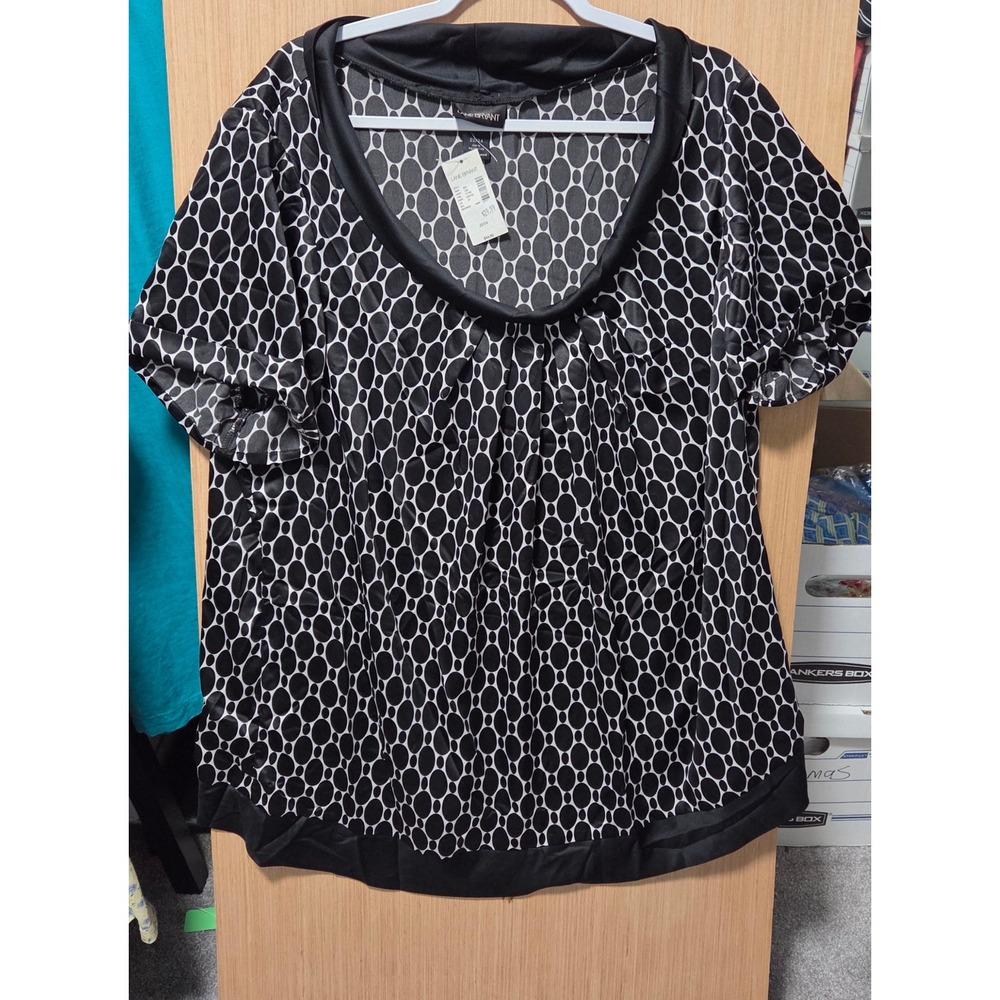 Lane Bryant Sz 22/24‎ Plus Blouse Top Cowl/Scooped Neck Black White Oval Print